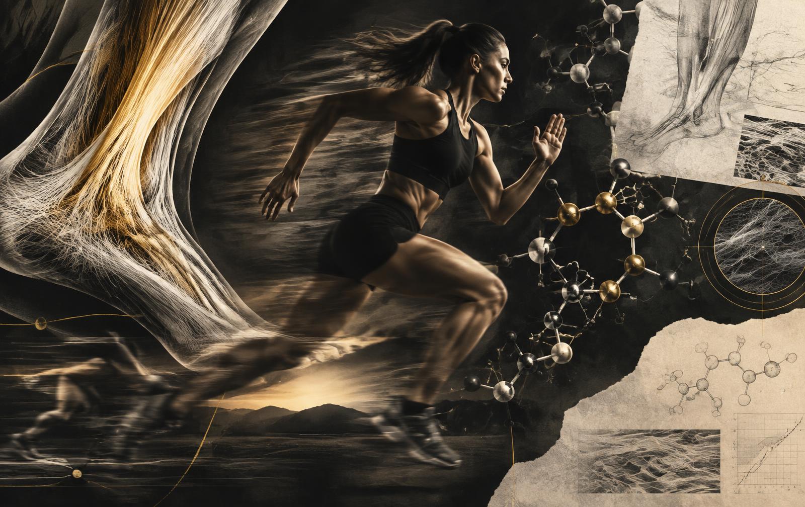 Athletic recovery imagery blended with molecular research diagrams